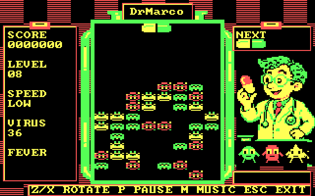 DrMarco full screen in four colours: black, green, red and yellow. The bottle holds green, red and yellow viruses, the left panel reads Level 08, Speed Low, Virus 36, and the doctor and germs are drawn in the same four colours.