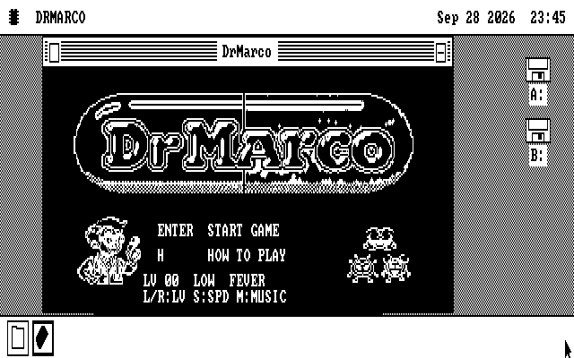 The DrMarco window on a black and white CGA desktop: the capsule logo, the doctor and the germs drawn as white outlines on black.