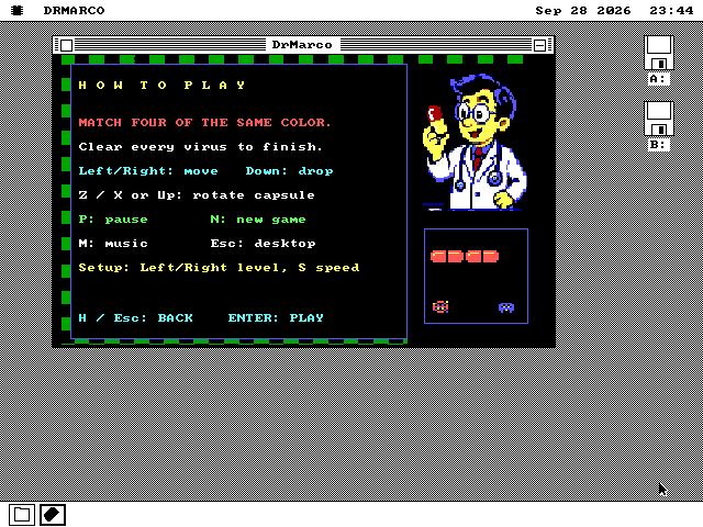 The DrMarco window showing the help page: How to Play, Match four of the same color, Clear every virus to finish, and a list of the keys, beside the doctor and a small picture of four capsule halves in a row.