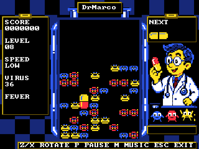 DrMarco full screen. A tall bottle in the middle holds red, yellow and blue viruses and one landed red and yellow capsule. The left panel reads Score 0000000, Level 08, Speed Low, Virus 36 and Fever. On the right are the next capsule, a cartoon doctor holding a pill, and three dancing germs.