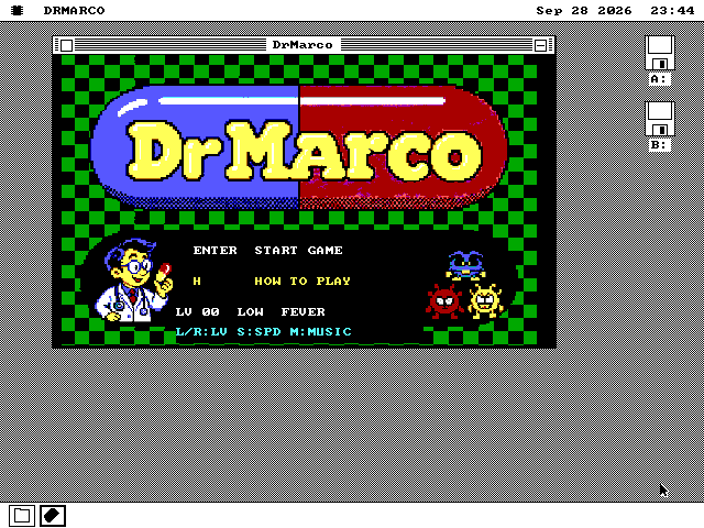 The DrMarco window on the os8088 desktop: a large blue and red capsule reading DrMarco in yellow letters over a green checkerboard, then the lines Enter Start Game, H How to Play, LV 00 Low Fever, with the doctor on the left and three germs on the right.