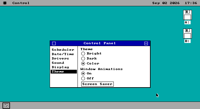 The os8088 desktop on an EGA card at 640x350, in the colour theme: a teal desktop, a Control Panel window with a dark blue title bar and grey chrome, drive A and drive B icons down the right-hand side, and the dock along the bottom.