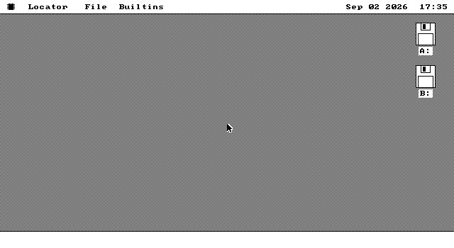 The os8088 desktop on an EGA at 640x350 in the default black and white theme, with the menu bar across the top, the clock and date at the right, drive A and drive B icons down the right-hand side and the dock along the bottom.