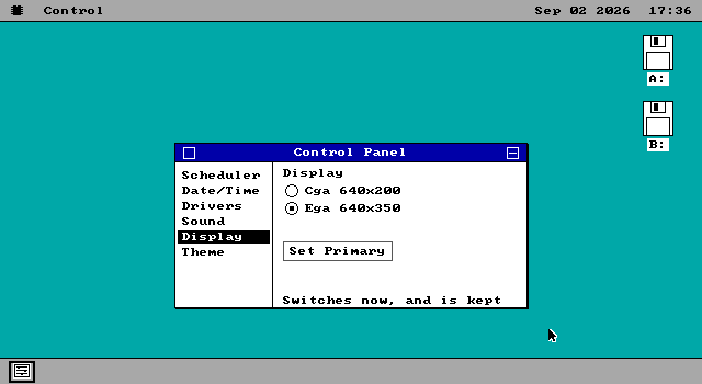 The Control Panel's Display page on an EGA machine, listing two options: Cga 640x200 and Ega 640x350, with Ega 640x350 selected. Below is a Set Primary button and the line Switches now, and is kept.