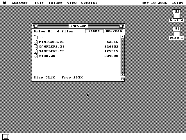 The os8088 desktop with a file browser window titled INFOCOM open on it, listing four files with their sizes: MINIZORK.Z3 at 52,216 bytes, SAMPLER1.Z3 at 126,902, SAMPLER2.Z3 at 125,315 and ZTUU.Z5 at 229,888. A status line at the foot of the window reads Size 521K, Free 135K.