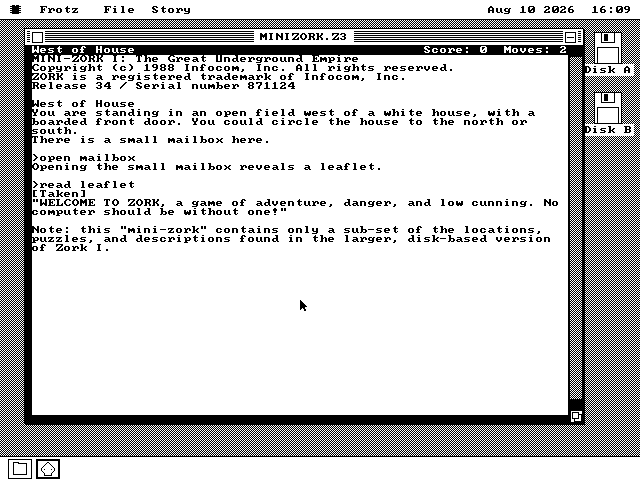 Mini-Zork I running in a window on the os8088 desktop, with a status line reading West of House and two typed commands in the transcript below it.