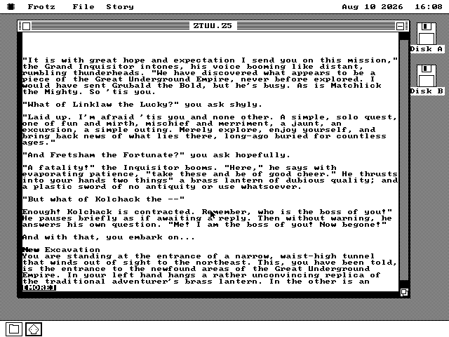 A window titled ZTUU.Z5 filled edge to edge with story text. The Grand Inquisitor sends the player on a mission into the Great Underground Empire, in several paragraphs of dialogue. At the foot of the window a new room heading reads New Excavation, and the last line shows MORE in inverse video where the text has been paused.
