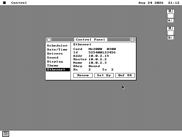 The Control Panel open on its Ethernet page, showing the network card that was found, the address the machine was given, the router, and counters for packets received and sent.