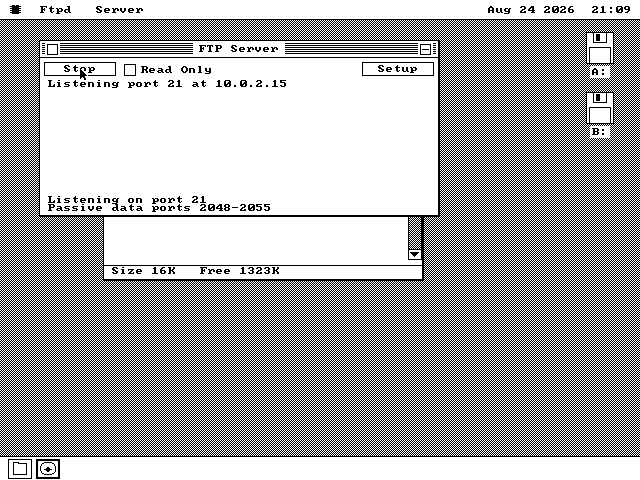 The FTP Server window just after it was started, showing its state and the address a client should connect to, with an empty log below.