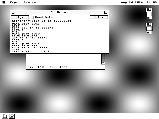 The os8088 FTP Server window on the desktop, showing a scrolling log of the commands it has answered for a client that connected, listed a folder, uploaded a file and downloaded another.