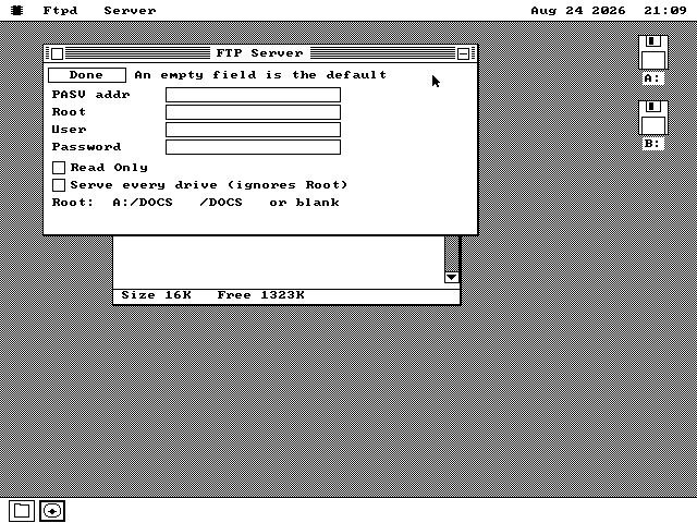 The FTP Server's Setup page, with fields for a user name, a password and the folder to serve, and tick boxes for read only and whole machine mode.