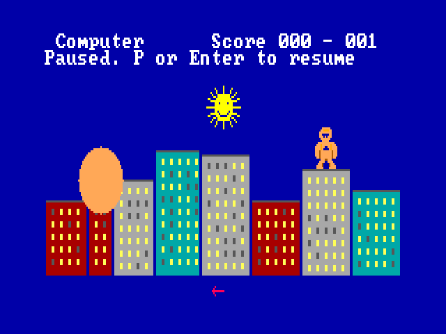Gorillas full screen, paused. The top reads Computer, Score 000 - 001, and Paused. P or Enter to resume. A large orange blast fills the spot on the left rooftop where Kong stood; the computer's gorilla stands on the right.