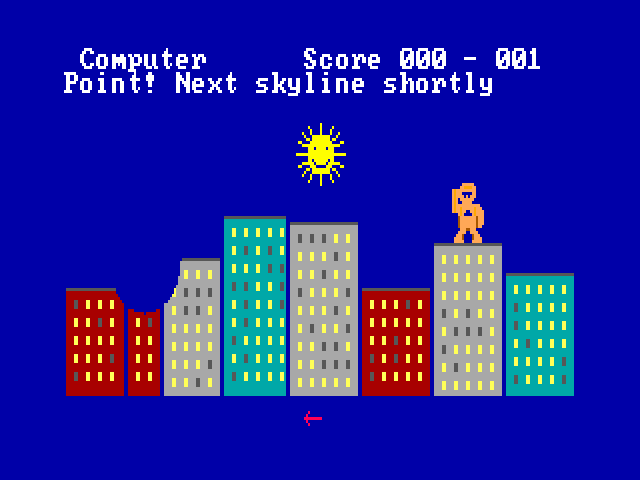 Gorillas full screen after the hit. The top reads Computer, Score 000 - 001, and Point! Next skyline shortly. A bite has been taken out of the left rooftop, and the gorilla on the right has one arm raised.