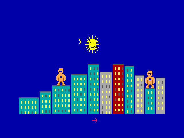 Gorillas full screen with a small yellow banana in the sky just left of the sun, above the skyline and both gorillas. The text at the top has gone.