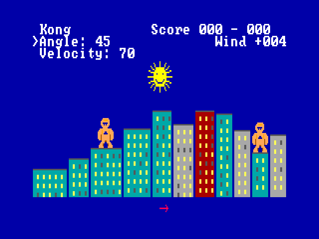 Gorillas filling the screen on a dark blue sky. At the top: Kong, Score 000 - 000, Angle 45, Velocity 70 and Wind +004. A yellow smiling sun hangs over a skyline of teal, grey and red buildings with lit windows, an orange gorilla stands on a roof at each end, and a small red arrow under the city points right.