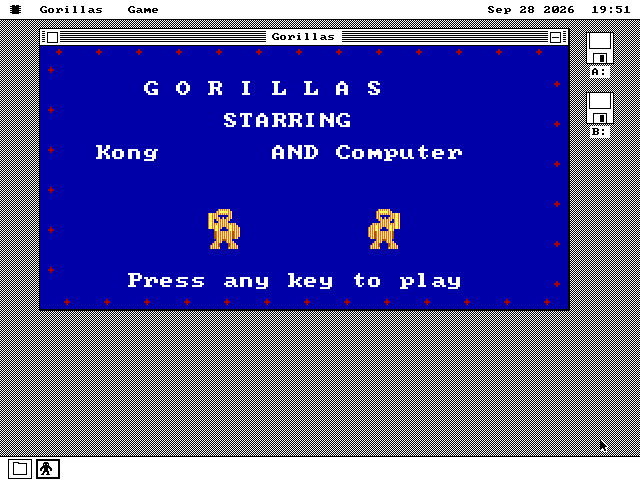 The Gorillas window reading G O R I L L A S, STARRING, Kong AND Computer, with two orange gorillas and the line Press any key to play, inside the sparkle border.