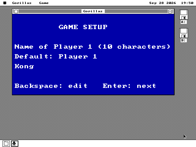 The Gorillas window showing GAME SETUP. It asks Name of Player 1 (10 characters), says Default: Player 1, and has Kong typed in. The bottom line reads Backspace: edit, Enter: next.