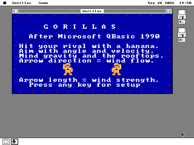 The Gorillas window on the os8088 desktop, blue with a border of small red sparkles. It reads G O R I L L A S, After Microsoft QBasic 1990, and five lines of instructions ending Press any key for setup, with two orange gorillas between them.