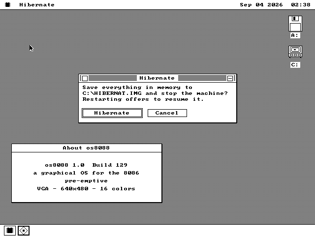 The os8088 desktop with a window titled Hibernate asking whether to save everything in memory to C colon backslash HIBERNAT dot IMG and stop the machine, with Hibernate and Cancel buttons, and an About box open behind it.