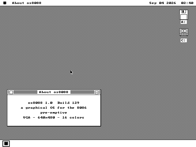 The os8088 desktop after resuming, with the About box open again at the same position near the bottom of the screen and its name in the menu bar.