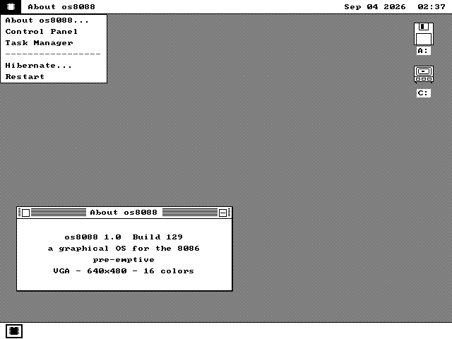 The os8088 System menu open, listing About os8088, Control Panel, Task Manager, a separator, Hibernate and Restart. An About box sits open near the bottom of the desktop.
