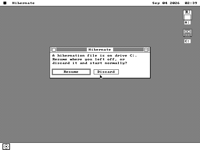 A freshly booted os8088 desktop with a window titled Hibernate saying a hibernation file is on drive C and asking whether to resume where you left off or discard it and start normally.