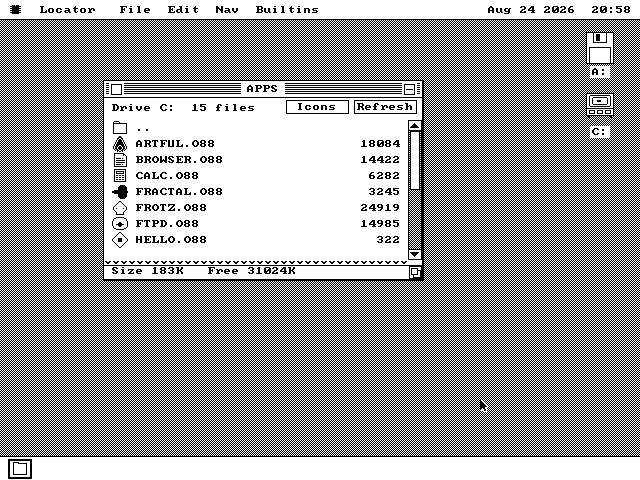 The APPS folder on drive C, listing ARTFUL.O88, BROWSER.O88, CALC.O88, FRACTAL.O88, FROTZ.O88, FTPD.O88 and HELLO.O88 with their sizes.
