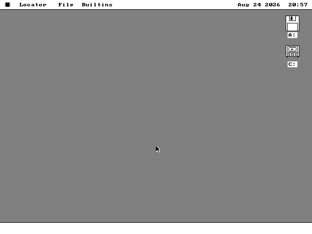 The bare os8088 desktop after booting from the USB image, with a menu bar across the top and two drive icons down the right-hand side: an empty floppy drive and drive C.