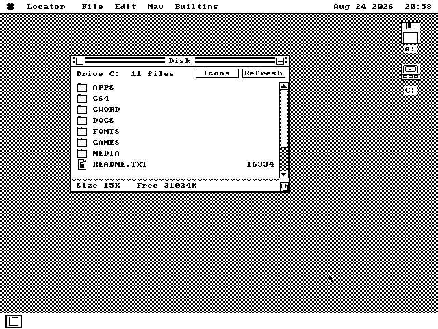 The os8088 desktop after booting from a USB stick. A window titled Disk lists drive C with folders for the programs, the Commodore 64, the C word processor, documents, fonts, games and media, and reports 31,024K free.