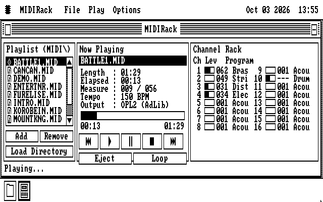 The MIDIRack window in black and white on a CGA screen, playing BATTLE1.MID at 00:13 of 01:29, measure 009 of 056, output OPL2 (AdLib). The transport buttons are pictures: previous, play, pause, stop and next. The Channel Rack shows the sixteen channels in two columns of eight, with filled level bars on channels 1, 3, 4 and 10.