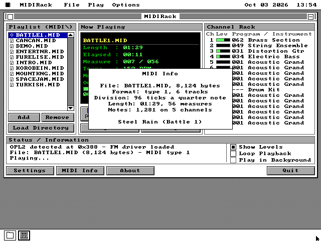 A MIDI Info card over the MIDIRack window. It reads File: BATTLE1.MID, 8,124 bytes; Format: type 1, 6 tracks; Division: 96 ticks a quarter note; Length: 01:29, 56 measures; Notes: 1,281 on 5 channels; and the title Steel Rain (Battle 1).