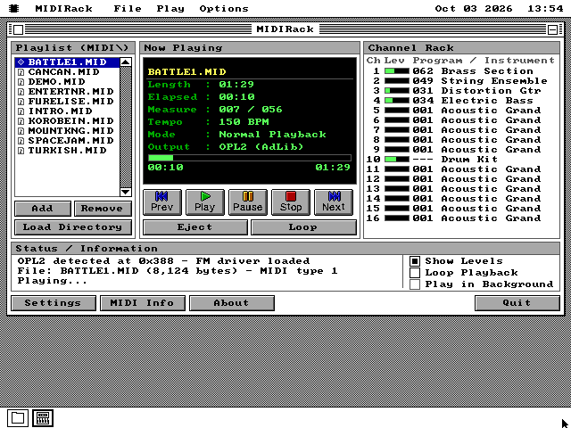 The MIDIRack window on VGA, playing. On the left a Playlist pane lists ten songs with BATTLE1.MID selected. In the middle a black Now Playing display reads BATTLE1.MID, length 01:29, elapsed 00:10, measure 007 of 056, tempo 150 BPM, output OPL2 (AdLib), with a green progress bar, and Prev, Play, Pause, Stop and Next buttons in blue, green, orange and red. On the right a Channel Rack lists sixteen channels with their instruments, Brass Section, String Ensemble, Distortion Gtr, Electric Bass and Drum Kit among them, and green level bars on the ones sounding. A Status pane below says an OPL2 chip was found at 0x388.