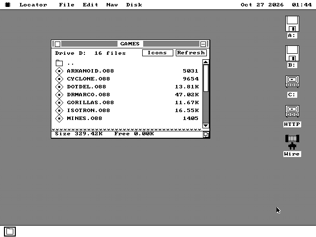 A Disk window titled GAMES reading Drive D: 16 files. It lists .. and then ARKANOID.O88 5031, CYCLONE.O88 9654, DOTDEL.O88 13.81K, DRMARCO.O88 47.02K, GORILLAS.O88 11.67K, ISOTRON.O88 16.55K and MINES.O88 1405. The bottom line reads Size 329.42K, Free 0.00K.