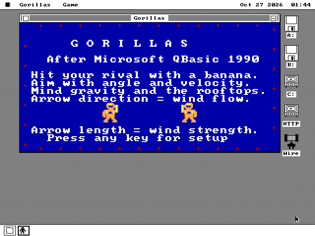 Gorillas open on the os8088 desktop in colour: a blue window with red dots around the edge, the title GORILLAS, After Microsoft QBasic 1990, four lines of instructions, two orange gorillas, and Press any key for setup.