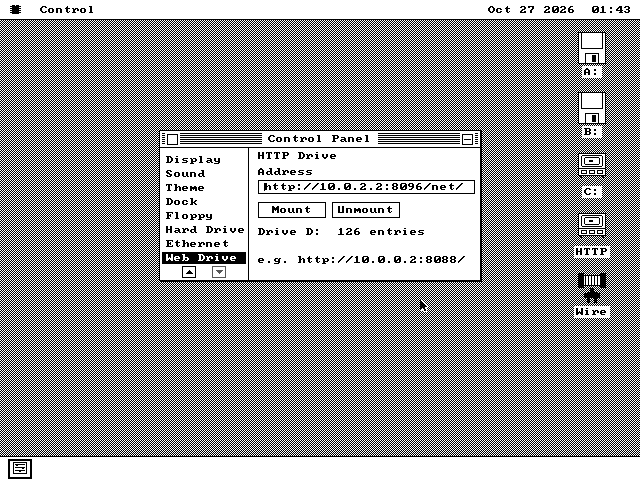 The Control Panel with Web Drive selected in its list. The page is headed HTTP Drive and has an Address box holding http://10.0.2.2:8096/net/, Mount and Unmount buttons, the line Drive D: 126 entries, and an example address, http://10.0.0.2:8088/. On the right edge of the desktop an HTTP drive icon sits under the A:, B: and C: icons.