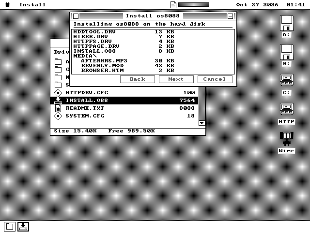 The Install os8088 window headed Installing os8088 on the hard disk. A scrolling list shows files as they are copied with their sizes: HDDTOOL.DRV 13 KB, HIBER.DRV 7 KB, HTTPFS.DRV 4 KB, HTTPPAGE.DRV 2 KB, INSTALL.O88 8 KB, then the MEDIA folder with AFTERHRS.MP3 30 KB, BEVERLY.MOD 42 KB and BROWSER.HTM 3 KB. All three buttons are greyed, and a progress bar sits in the menu bar.