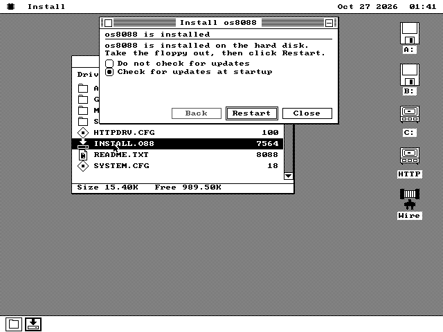 The Install os8088 window headed os8088 is installed. It reads: os8088 is installed on the hard disk. Take the floppy out, then click Restart. Two choices follow, Do not check for updates and Check for updates at startup, and the second is picked. The buttons are Back, greyed, Restart and Close.
