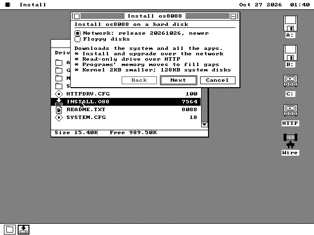 The Install os8088 window over a Disk window on the os8088 desktop. Its heading reads Install os8088 on a hard disk. Two choices follow: Network: release 20261026, newer, which is picked, and Floppy disks. Under them: Downloads the system and all the apps, then four lines of what is new: Install and upgrade over the network, Read-only drive over HTTP, Programs' memory moves to fill gaps, and Kernel 2KB smaller; 128KB system disks. Back is greyed; Next and Cancel are buttons.