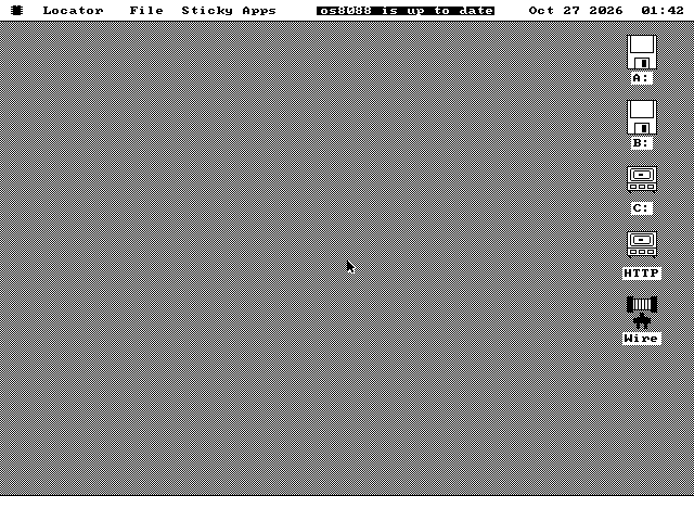The os8088 desktop just after startup, with no windows open. In the menu bar, beside the date and time, a black strip reads os8088 is up to date.