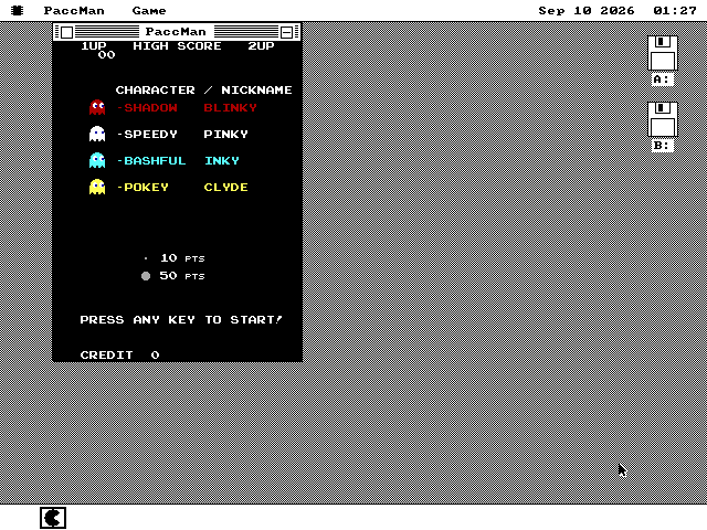 A PaccMan window on the os8088 desktop showing the arcade attract screen: CHARACTER / NICKNAME at the top and the four ghosts drawn in red, pink, cyan and orange beside their names -- SHADOW BLINKY, SPEEDY PINKY, BASHFUL INKY, POKEY CLYDE -- with a 10 PTS and 50 PTS legend below.