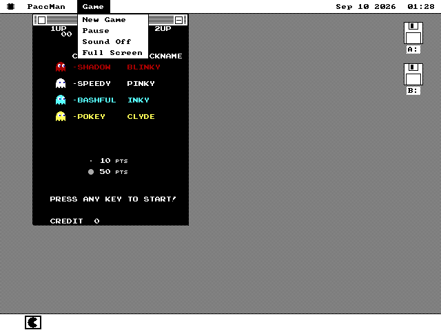 The Game menu open over the attract screen, listing New Game, Pause, Sound Off and Full Screen, with PRESS ANY KEY TO START visible underneath.