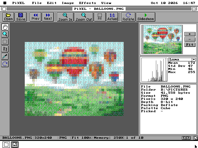 PiXEL showing BALLOONS.PNG, hot-air balloons over green hills, broken into large square blocks of colour by the Pixelate effect. The Navigator and Histogram panels show the changed picture, and the information panel lists a 320 x 240, 8-bit PNG.