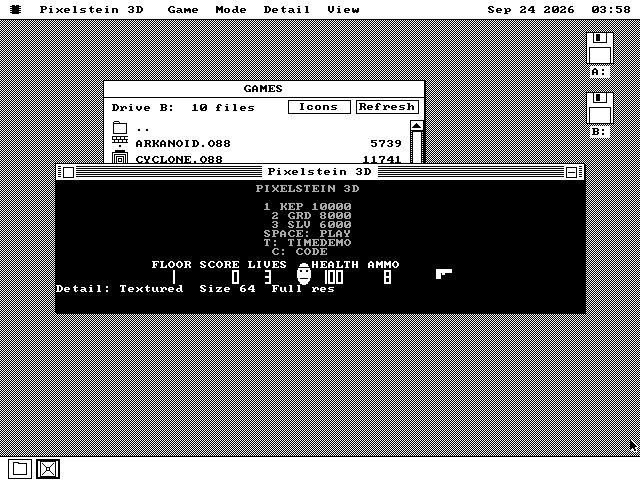The Pixelstein 3D window when the game opens: PIXELSTEIN 3D, three high scores (KEP 10000, GRD 8000, SLV 6000), and the keys SPACE: PLAY, T: TIMEDEMO and C: CODE.
