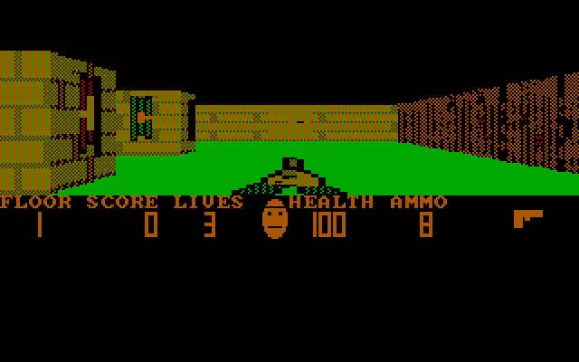 The same corridor full screen in CGA's four colours: the walls in brown and red dither, the floor bright green, the pistol at the bottom, and a brown status bar reading FLOOR 1, SCORE 0, LIVES 3, HEALTH 100 and AMMO 8.