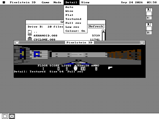 The Pixelstein 3D window with its Detail menu open, listing Auto, Wire, Flat, Textured, Full res, Low res and Colour: On.