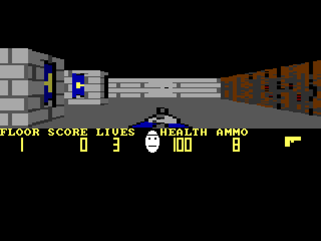 Pixelstein 3D filling the screen on VGA: a grey stone corridor with two blue banners on the left wall, a grey stone wall straight ahead, brown wood panelling on the right, and the pistol at the bottom of the view. Below it a yellow status bar reads FLOOR 1, SCORE 0, LIVES 3, a white face, HEALTH 100 and AMMO 8, with a pistol icon.