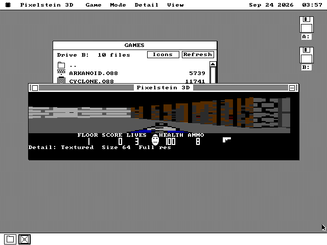 The Pixelstein 3D window on the os8088 desktop, in front of the GAMES folder. The view shows grey stone on the left and brown wood panelling on the right, drawn on alternate lines, with the pistol at the bottom. The status bar reads FLOOR 1, SCORE 0, LIVES 3, HEALTH 100, AMMO 8, and a line under it reads Detail: Textured Size 64 Full res.