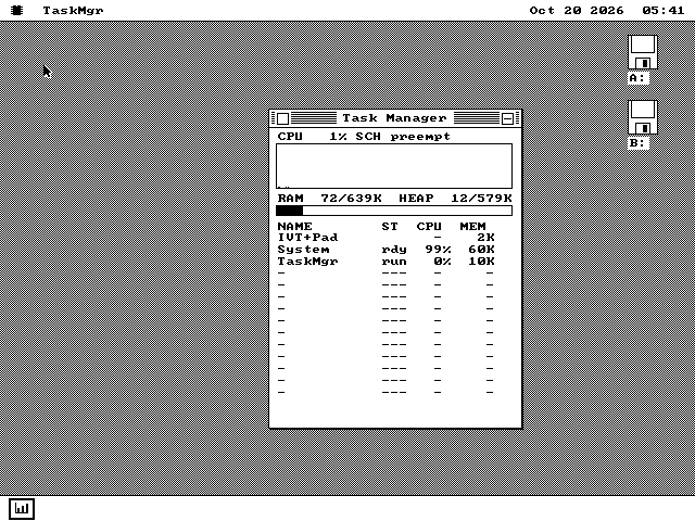 The same Task Manager booted from the stock system disk. The memory line reads RAM 72 of 639K, HEAP 12 of 579K. The System row uses 60K.