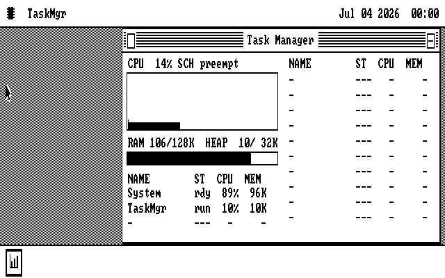 The os8088 Task Manager on a CGA screen. Its memory line reads RAM 106 of 128K, HEAP 10 of 32K. The System row uses 96K.