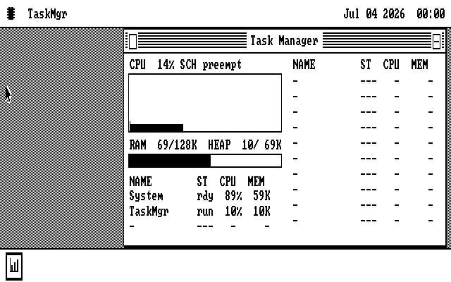 The os8088 Task Manager on a CGA screen. Its memory line reads RAM 69 of 128K, HEAP 10 of 69K. The System row uses 59K.